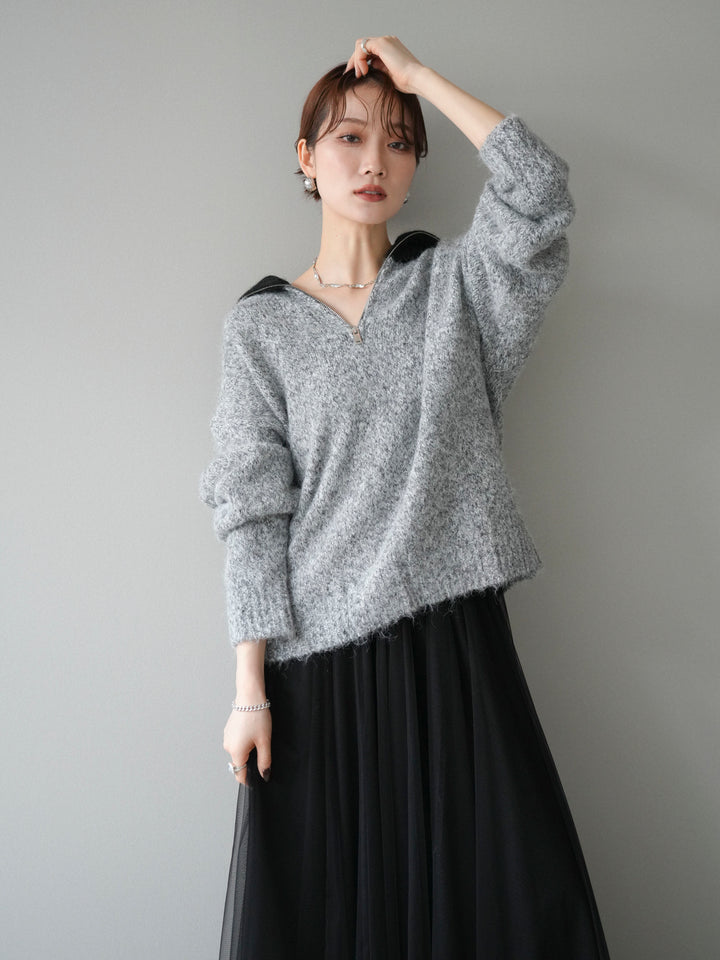 [予約]バイカラージップニットプルオーバー/gray