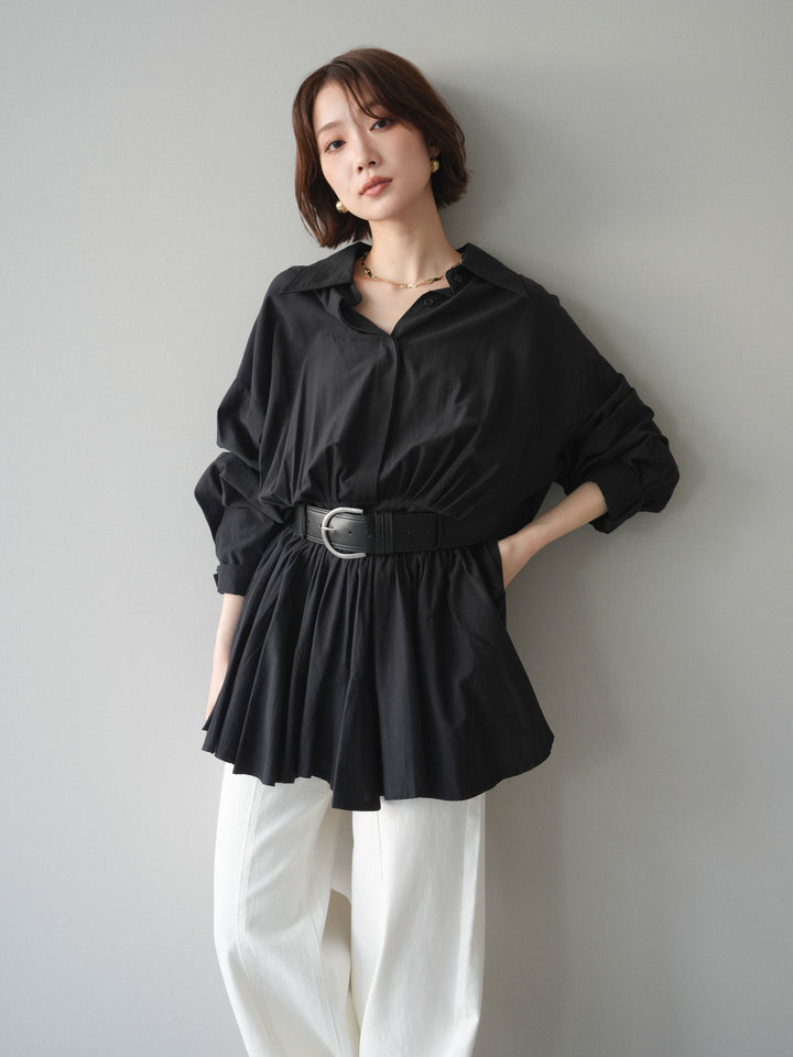 [予約]ベルト付フレアシャツミニワンピース/black