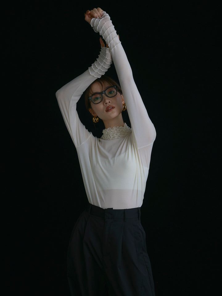 【Allure】[SET]シアーフリルメロートップス+タフタワイドカーブパンツ(2set)