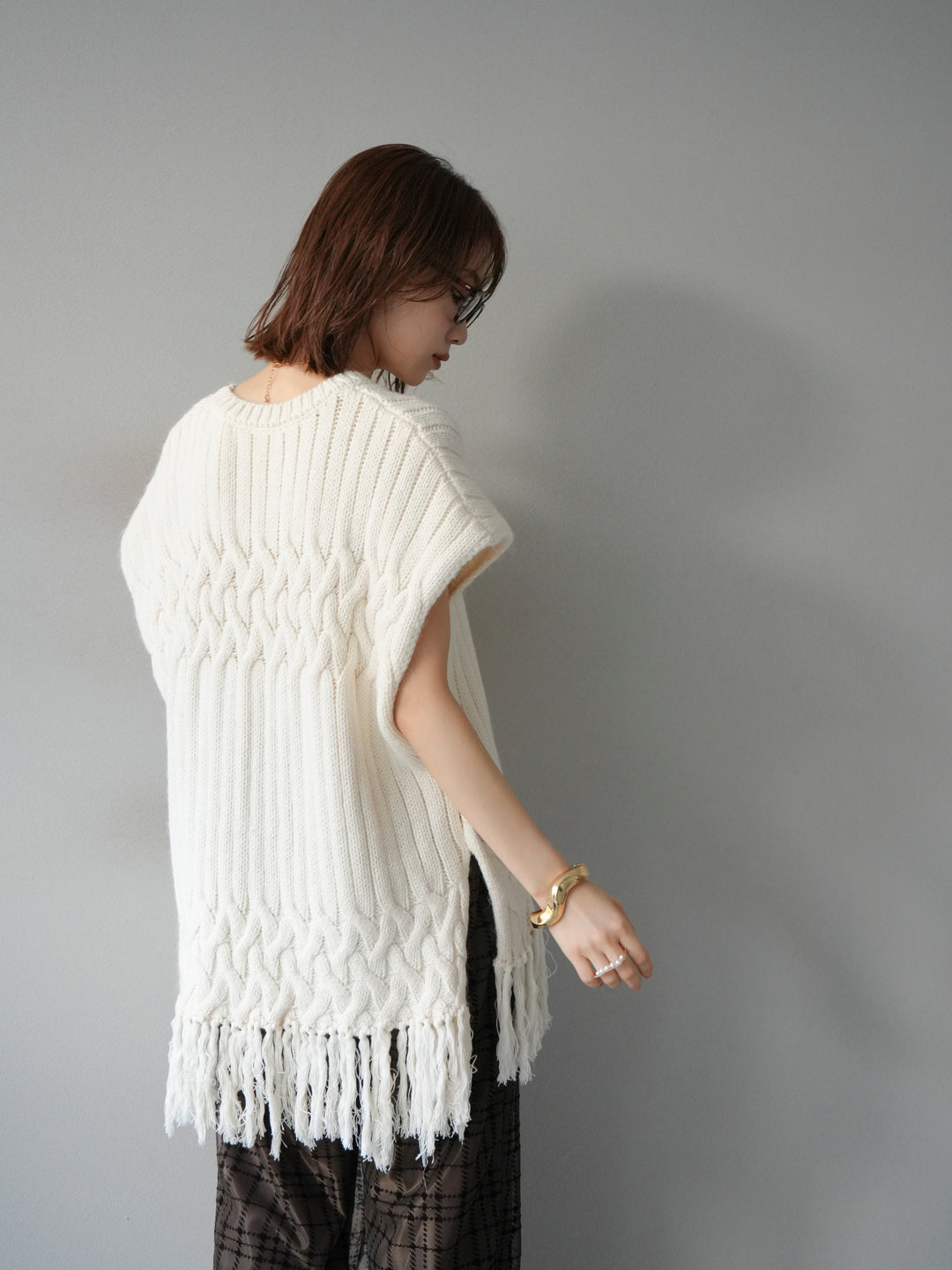 [予約]ケーブルニットフリンジベスト/ベージュ