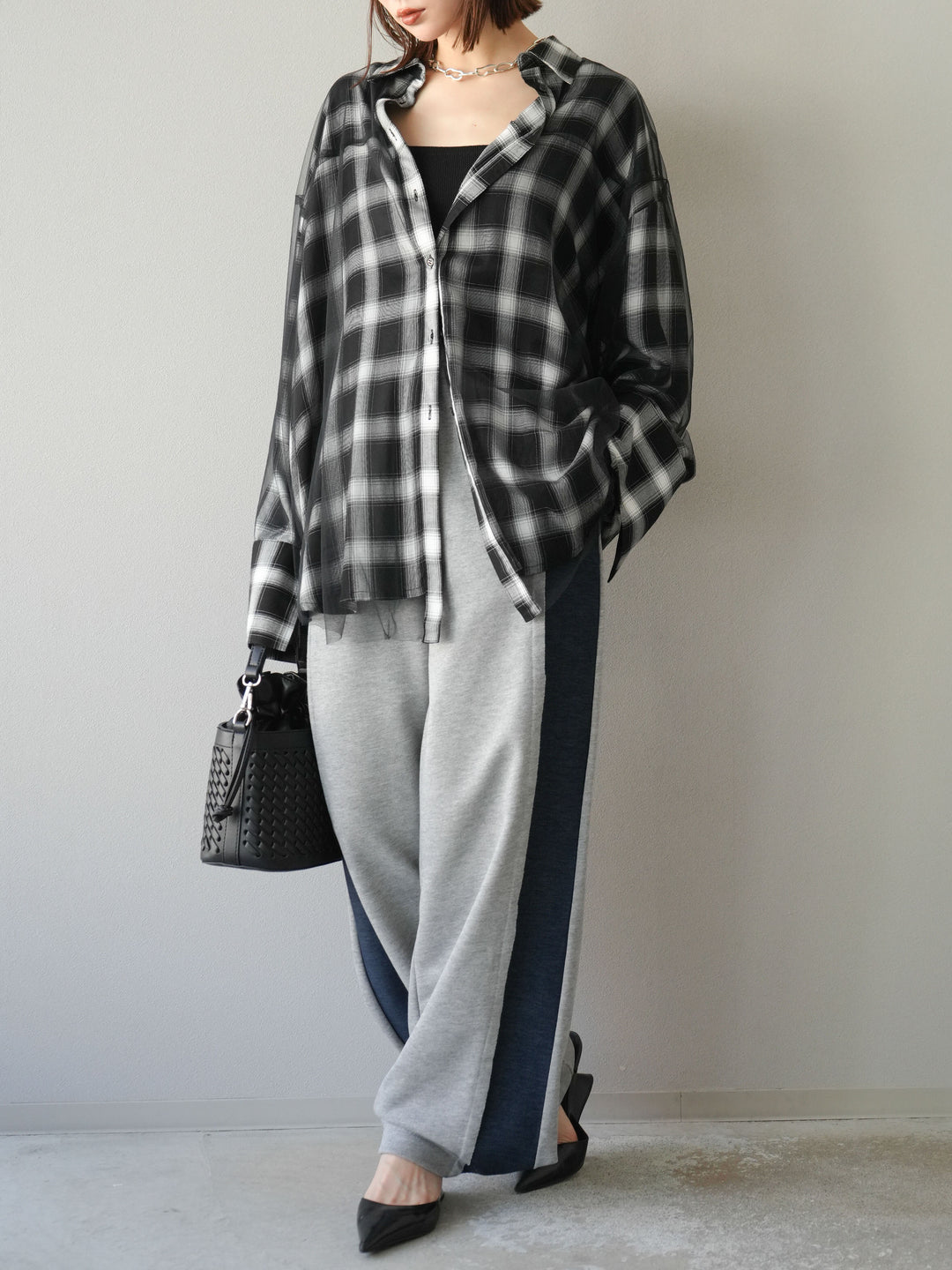 [予約]チュールドッキングチェック柄オーバーサイズシャツ/ブラック