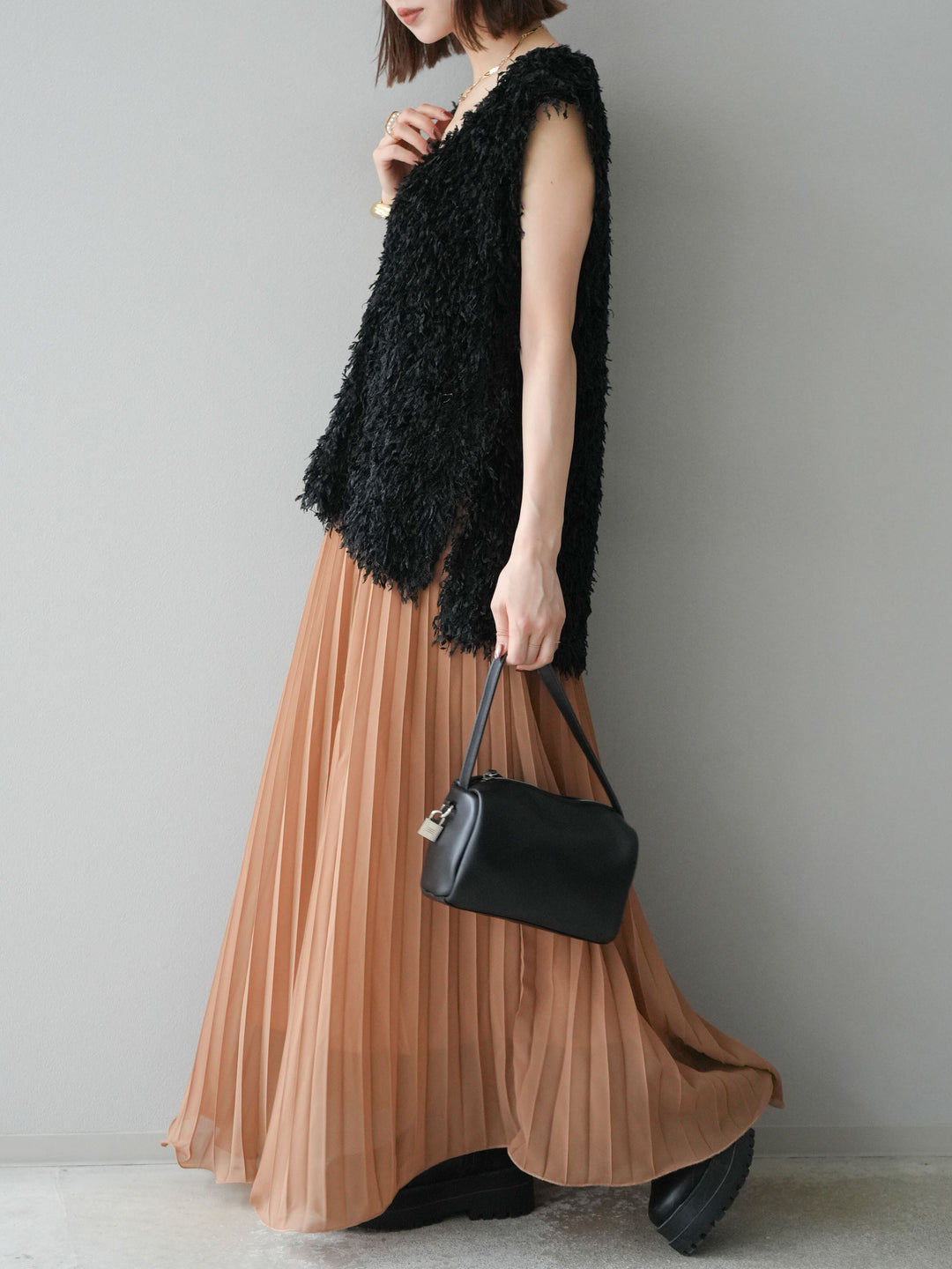 [予約]シフォンプリーツパイピングスカート/キャメル