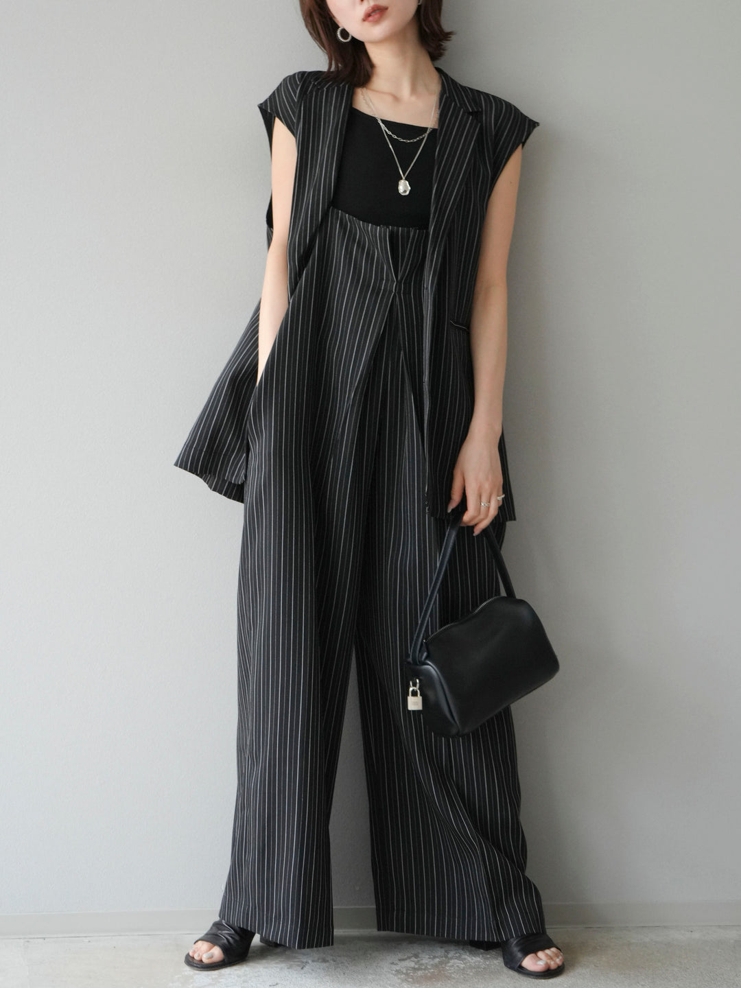 【着回しセット】[SET]ヘリンボーンストライプジレ+シアー切替ベロアトップス+ヘリンボーンストライプサロペット(3set)