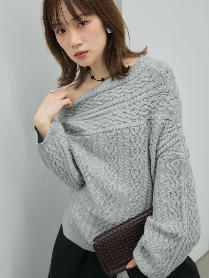 【Allure】[SET]ケーブルワンショルニットプルオーバー+ループデザインツイルワイドパンツ(2set)