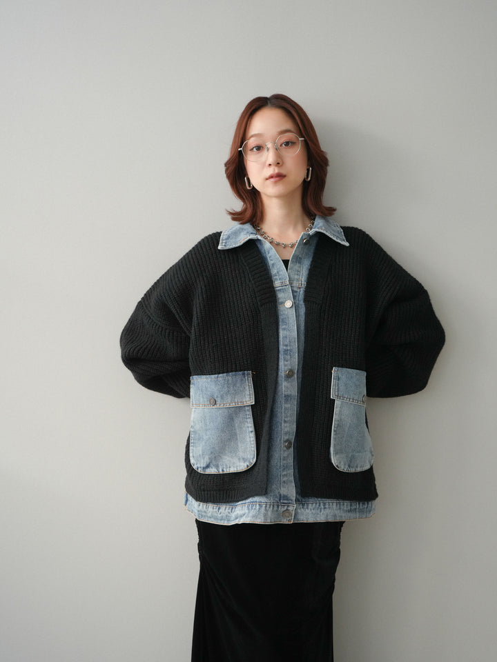 [SET]デニムドッキングオーバーニットジャケット+ギャザーベロアスカート(2set)