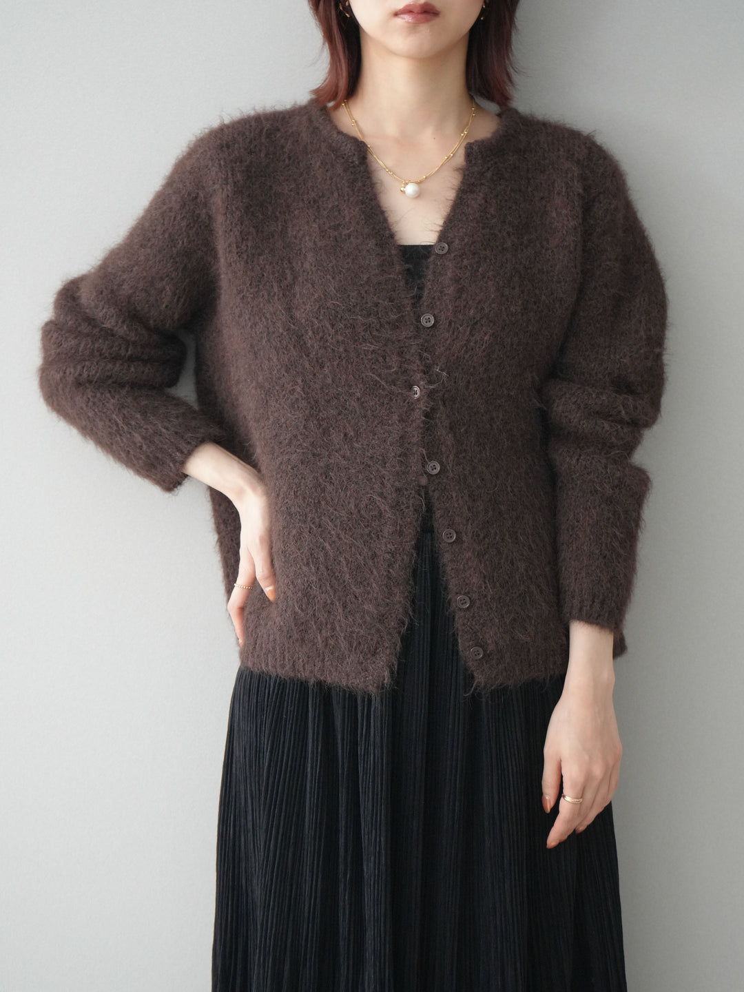 [予約]キーネックシャギーニットカーディガン/brown