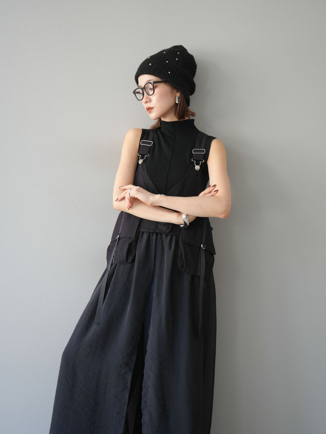 [SET] 戰術背心歐根紗洋裝 + 麻質寬鬆寬褲 (2 件套)