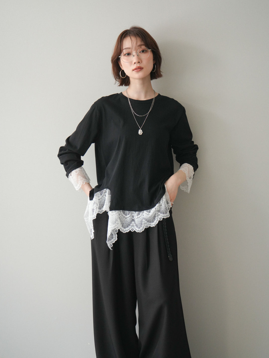 [予約]裾レースコンビカットソー/black