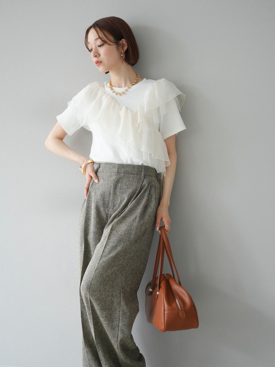 [予約]アシメフリルドッキングカットソー/オフホワイト