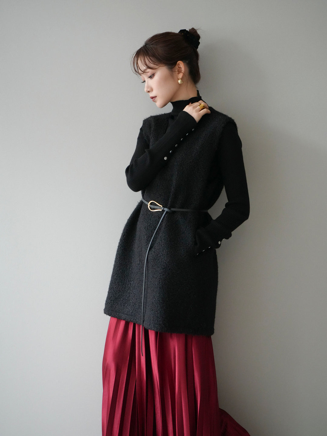 [予約]ミックスループヤーンニットミニワンピース/black