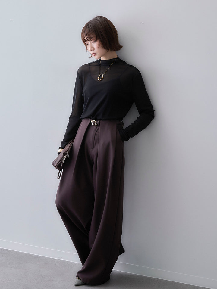 [SET]メッシュボトルネックトップス+ベルトループデザインワイドパンツ(2set)