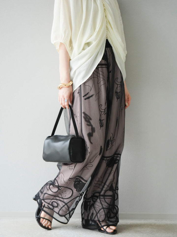 [SET]コード刺繍チュールレイヤードパンツ+ペイント柄タックパンツ(2set)