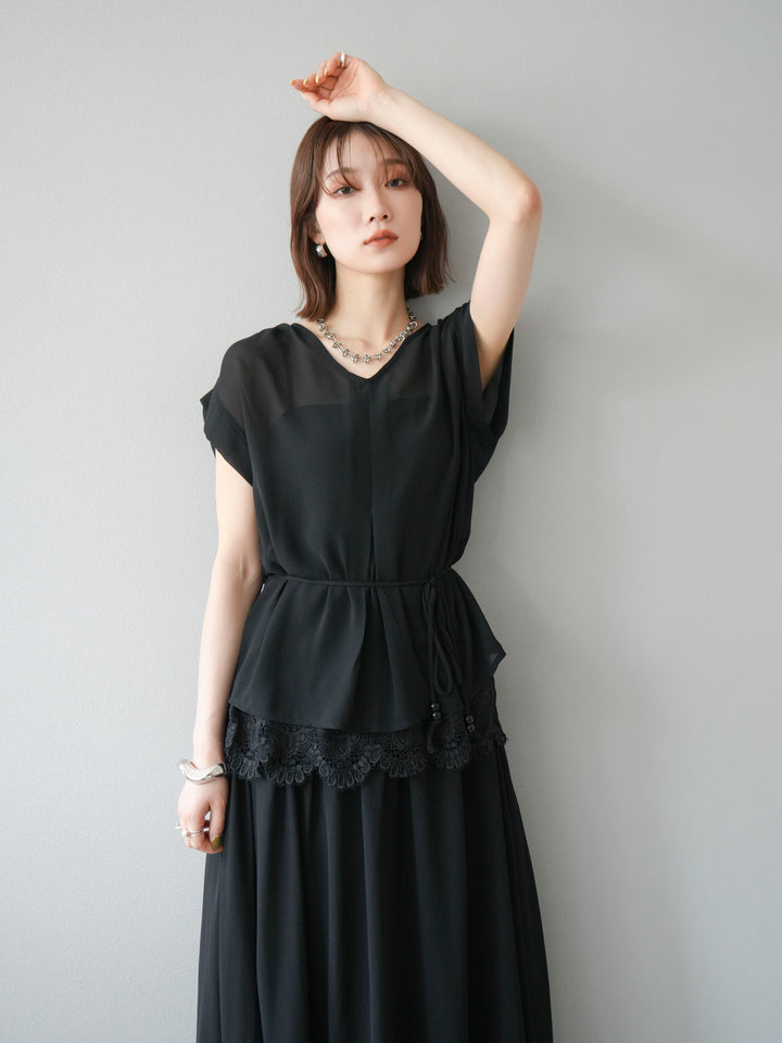 [SET]シフォンブラウス＆レースデザインフレアスカートSET UP(2set)