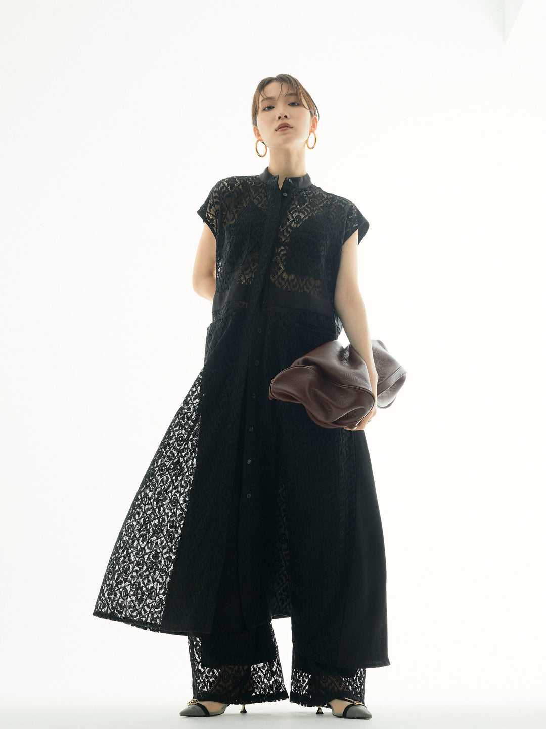 【Allure】[SET]レースサテン切替ワンピース+レースタックワイドパンツ(2set)