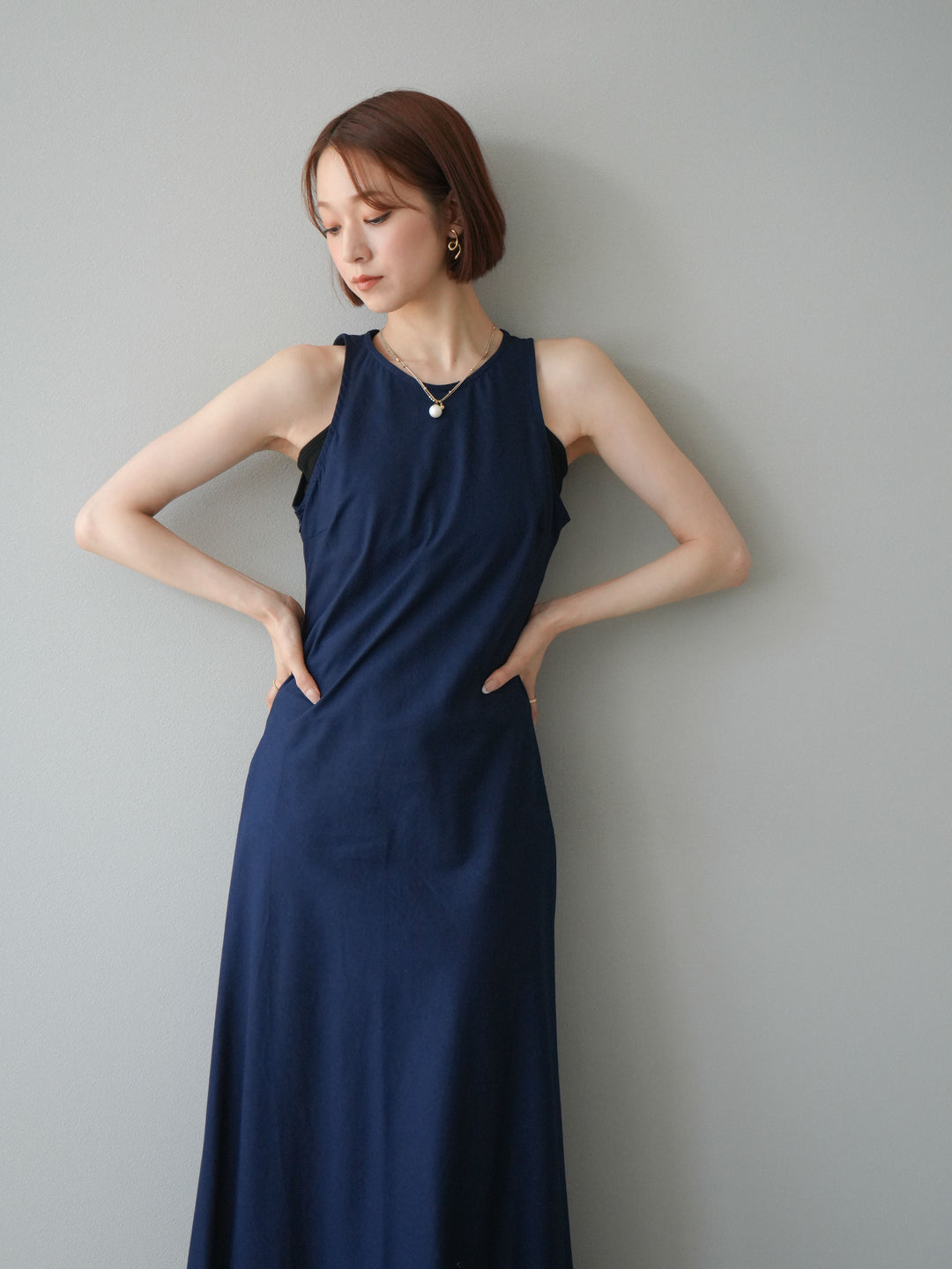 [予約]リネンタッチノースリーブワンピース/ネイビー