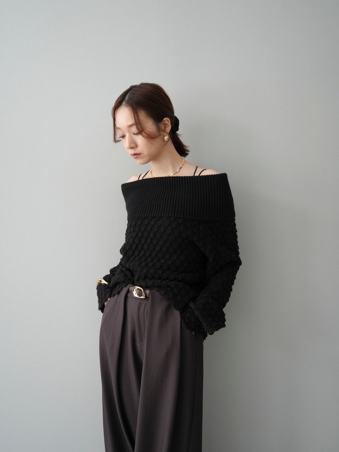 [SET]ポコポコ編みオフショルニットプルオーバー+ベルトループデザインワイドパンツ(2set)