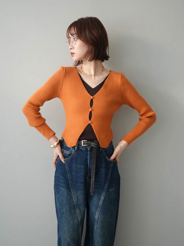 [予約]Vネック配色レイヤードスリットニットトップス/orange