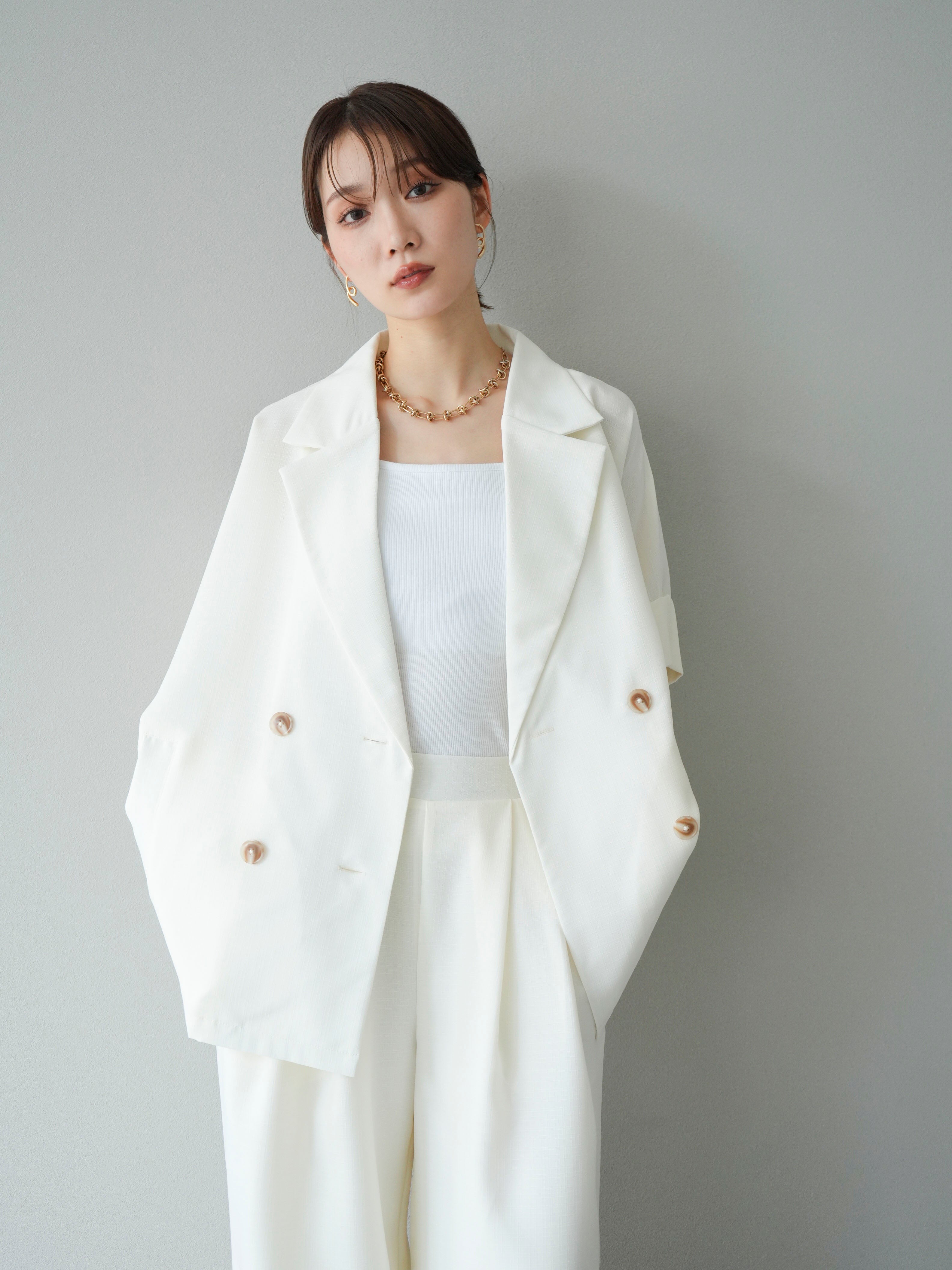 ★美品★ルネ リネン　ストライプ　テーラード　ジャケット　ホワイト コットンリネンストライプテーラードジャケット/le.coeur blanc