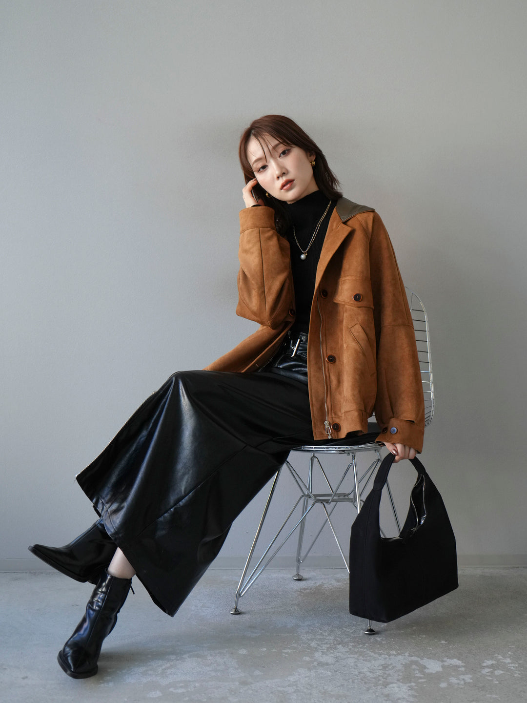 [予約]デザインポケットレザー襟スウェードジャケット/キャメル