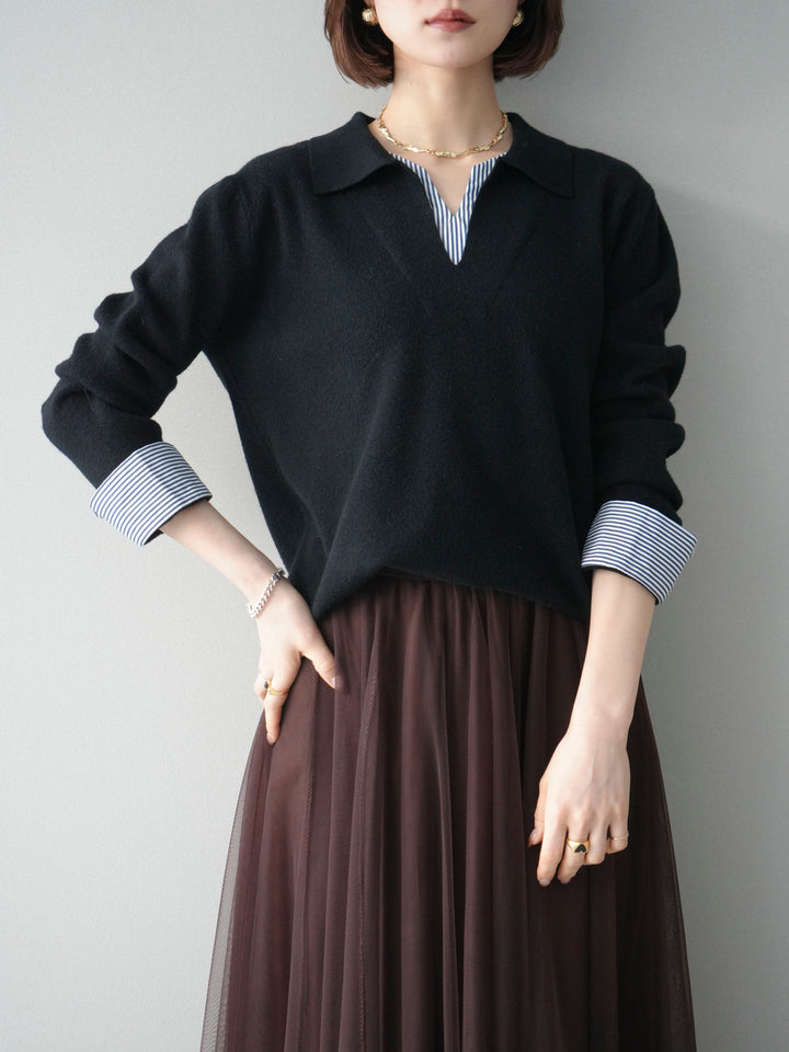[予約]シャツレイヤードスキッパーニットプルオーバー/black