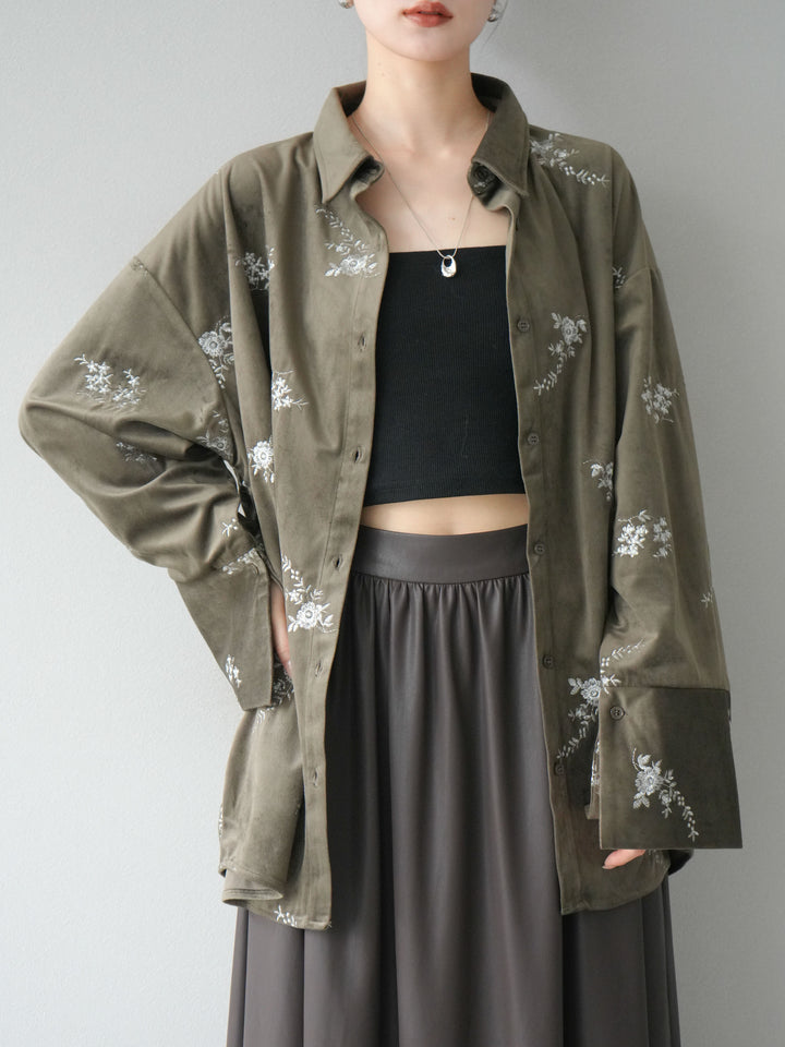 [予約]ベロアフラワーエンブロイダリーシャツ/ブラウン