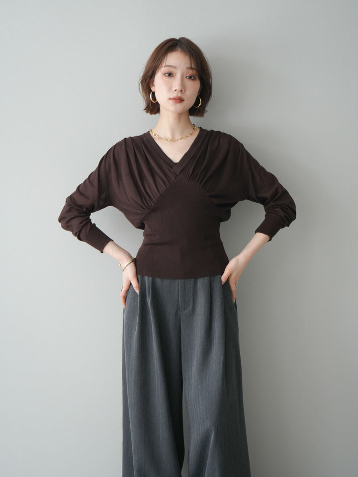 [予約]サイドギャザーVネックニットプルオーバー/brown