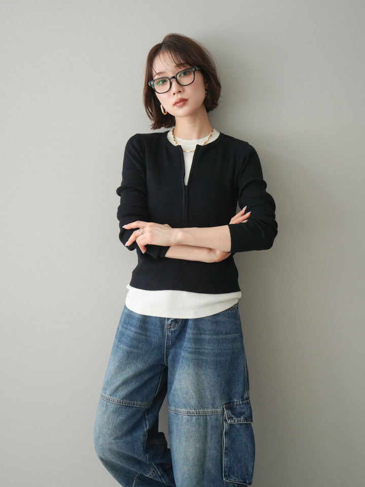 [予約]フロントジップ配色レイヤードニットトップス/navy