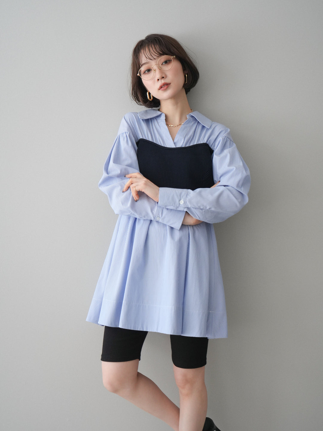 [予約]ニットビスチェドッキングフレアシャツチュニック/stripe