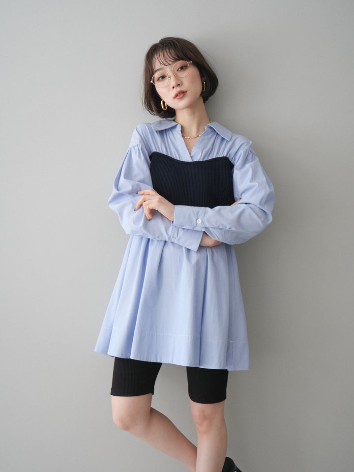 [予約]ニットビスチェドッキングフレアシャツチュニック/stripe