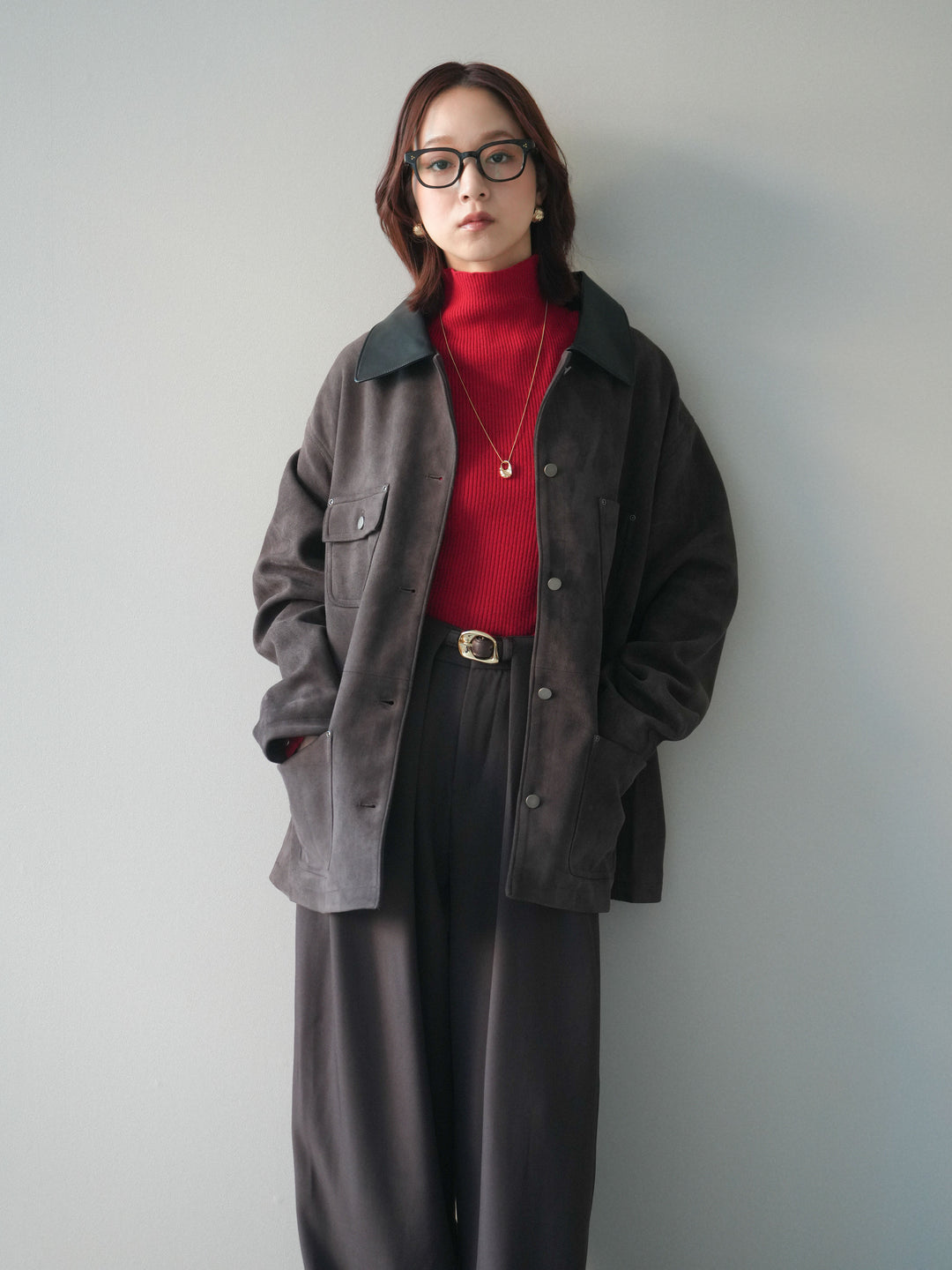 [SET]襟レザーステンカラースエードジャケット+袖ボタンボトルネックリブニットトップス+ベルトループデザインワイドパンツ(3set)