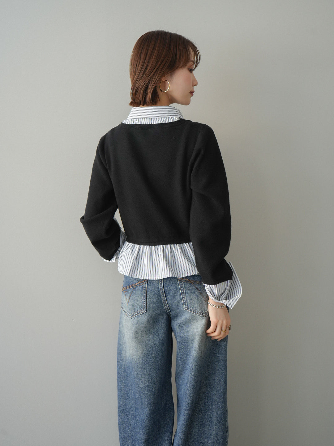 [予約]ストライプシャツUネックドッキングニットプルオーバー/blackoffstripe