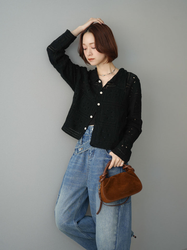 [SET]パッチワーククロシェニットカーディガン+アシメデザインワイドデニムパンツ(2set)