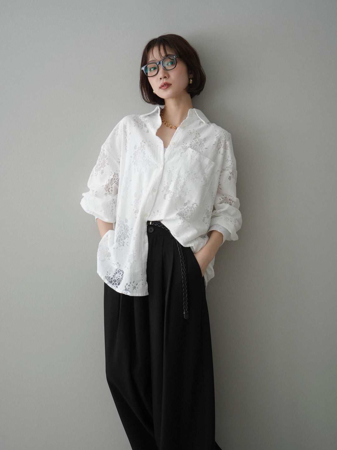 [SET]ジャガードレースオーバーシャツ+選べるアクセセット(2set)