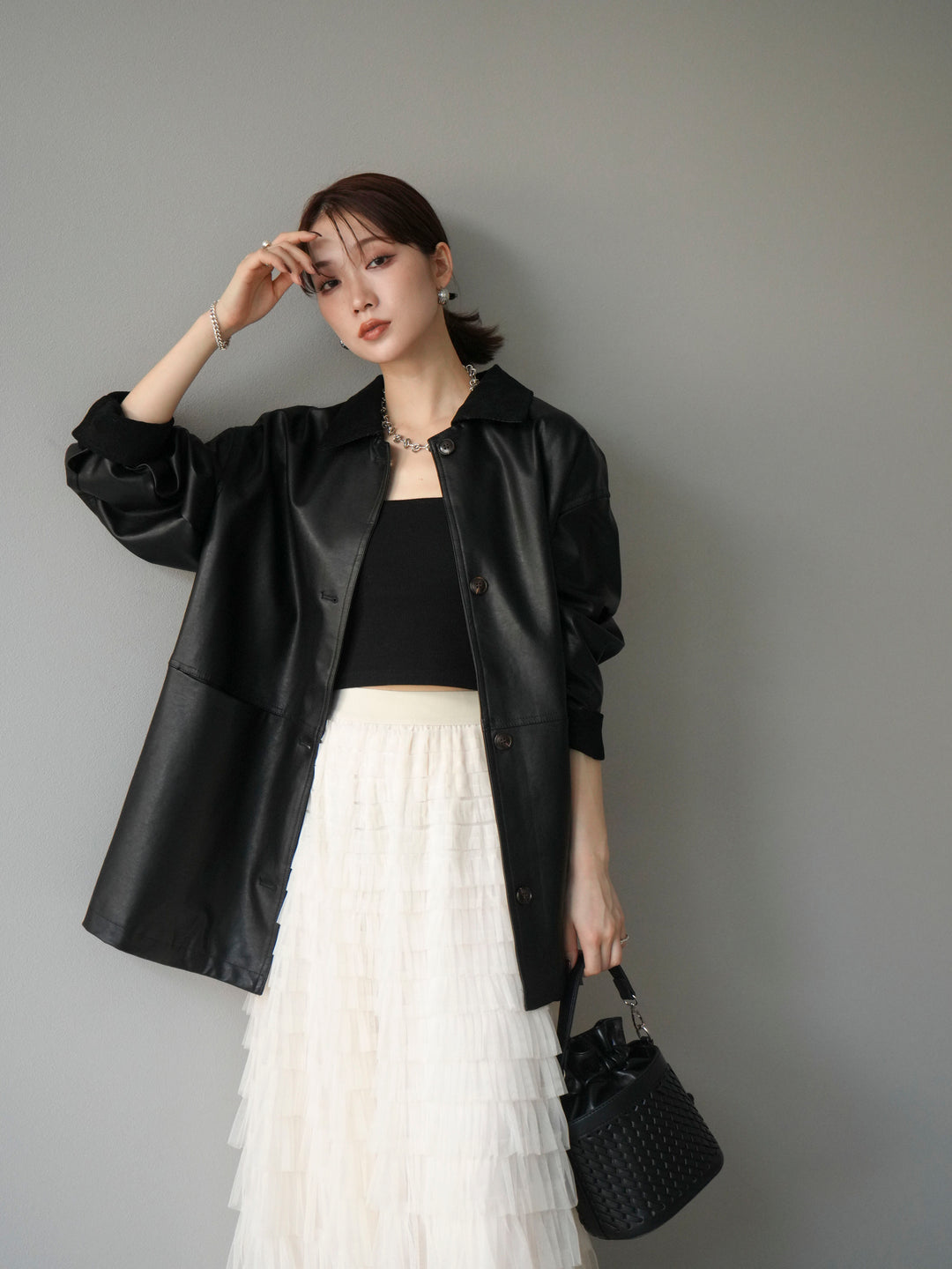 [予約]コーデュロイ襟レザーステンカラージャケット/ブラック