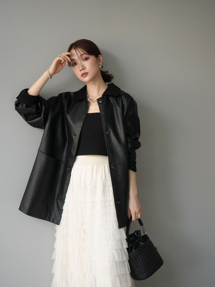 [予約]コーデュロイ襟レザーステンカラージャケット/ブラック