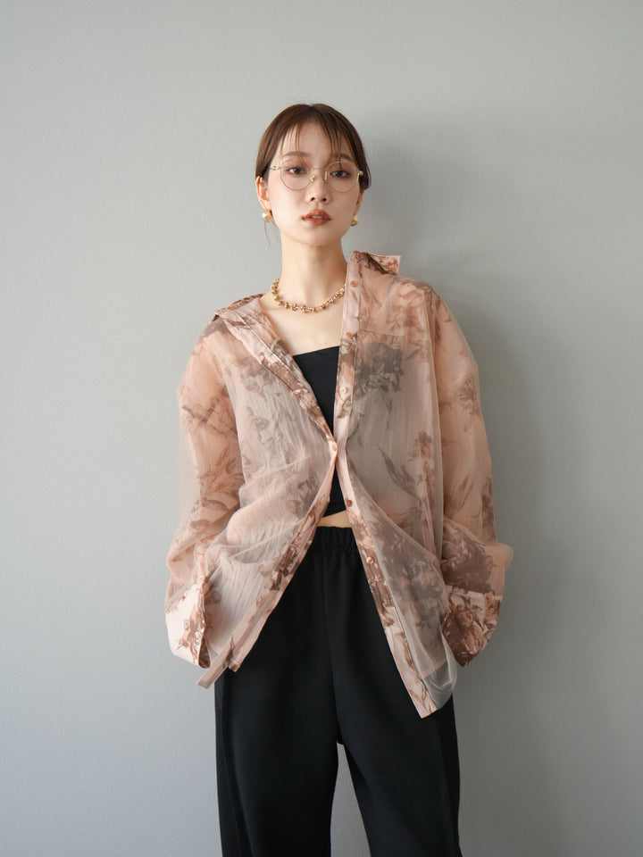 [予約]チュールドッキングフラワー柄オーバーサイズシャツ/ブラウン