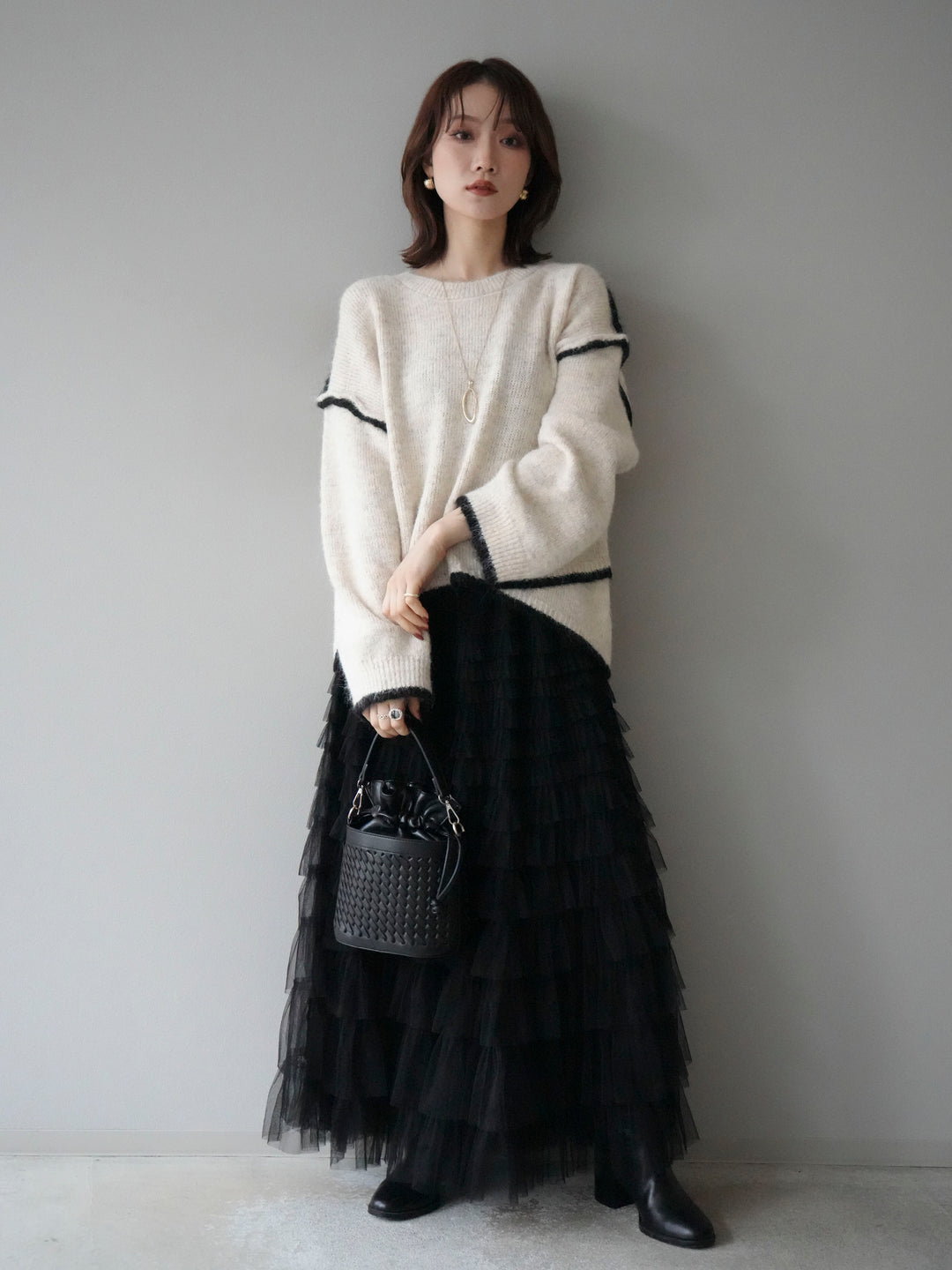 [SET]バイカラーレイヤードデザインニットプルオーバー+チュールティアードスカート(2set)