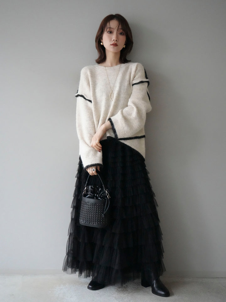[SET]バイカラーレイヤードデザインニットプルオーバー+チュールティアードスカート(2set)
