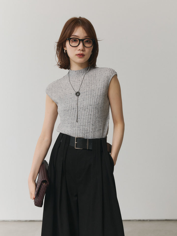 [予約]ミックスヤーンデザインリブフレンチスリーブニット/グレー