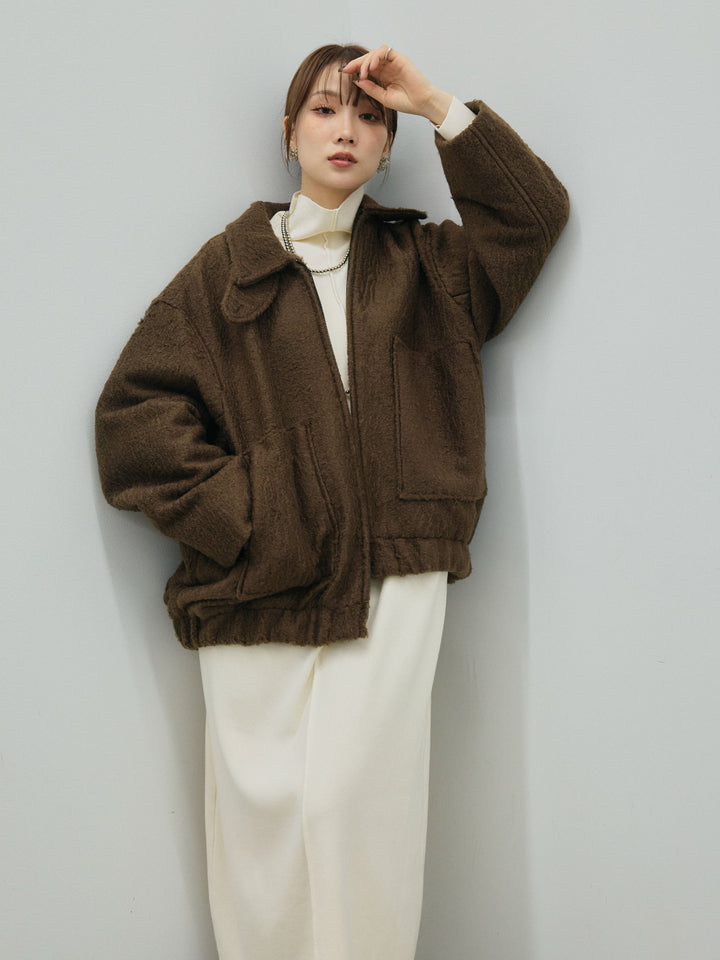 【Allure】[SET]ボトルネックルーズニットワンピース+スタンドカラーシャギーフライトジャケット(2set)