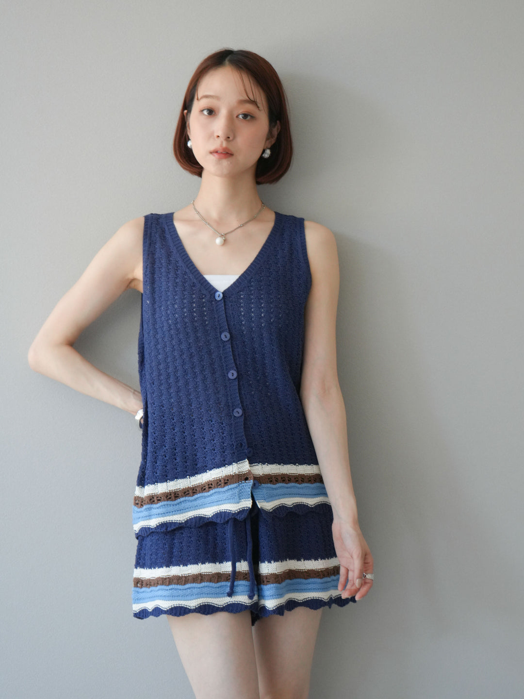 [SET]裾マルチボーダーニットベスト＆ショートパンツ SET UP(2set)