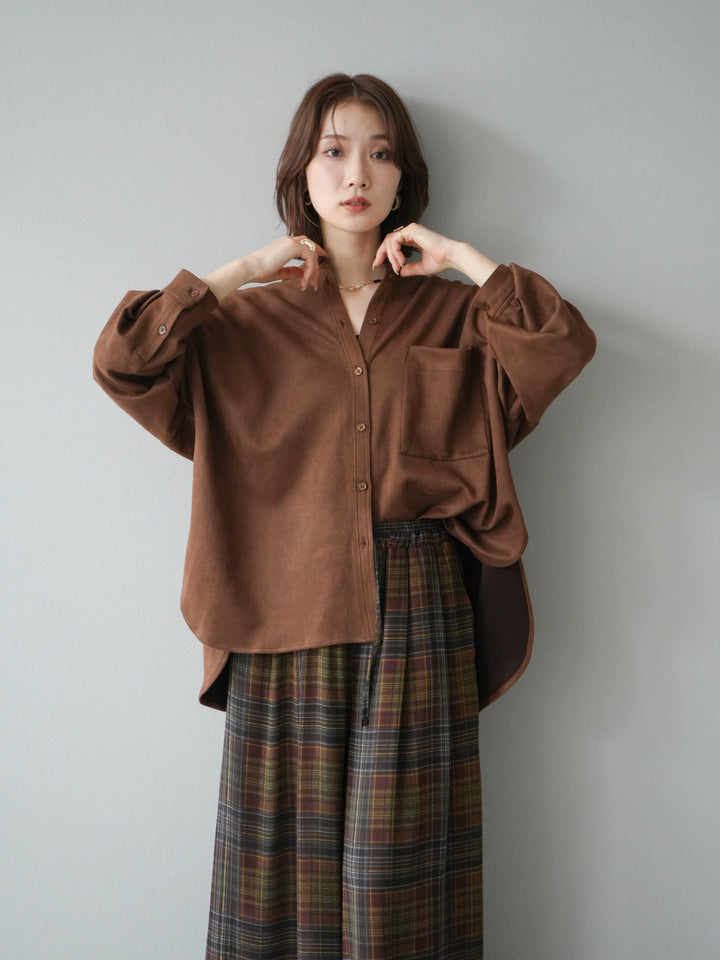 [SET]スエードバンドカラーオーバーシャツ+シアーチェックバギーパンツ(2set)