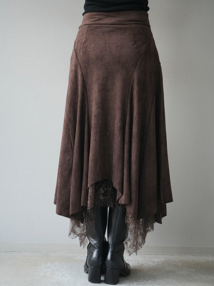 [予約]スエード裾レースアシンメトリースカート/brown