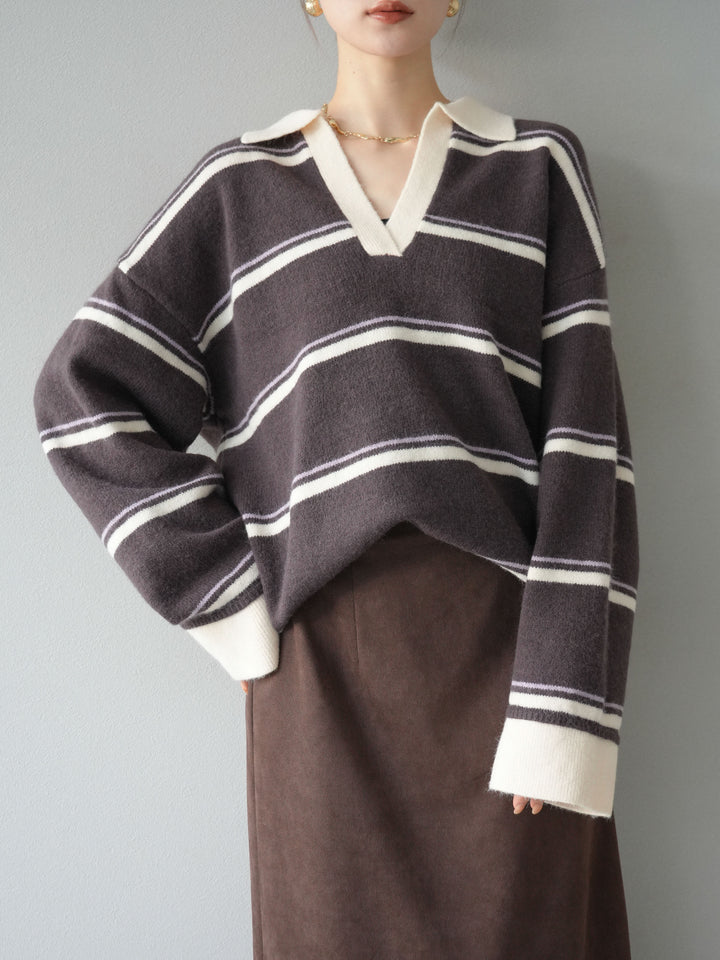 [SET]ポロ襟スキッパーボーダーニットプルオーバー+スウェードIラインスカート(2set)