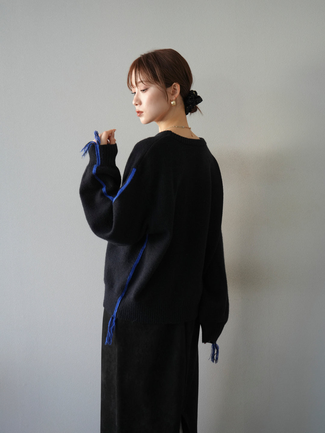 [予約]配色ステッチフリンジニットプルオーバー /ブラック