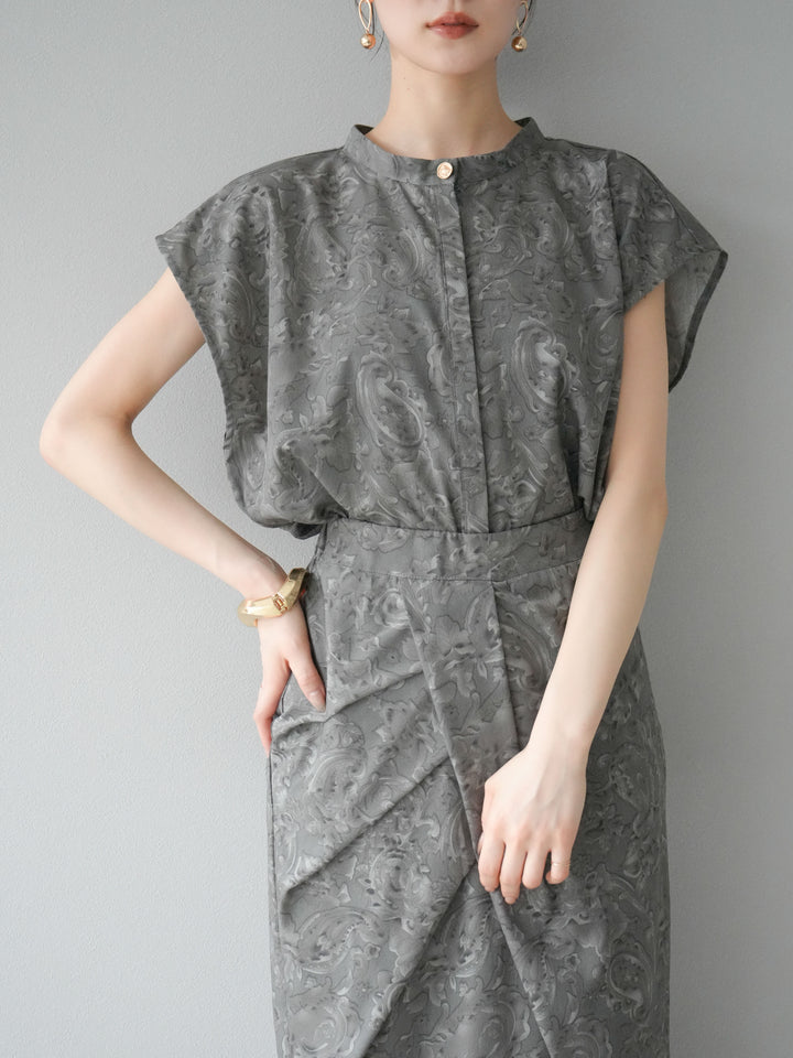 [SET]ペイズリープリントゴールドボタンブラウス+ペイズリープリントタックIラインスカート(2set)