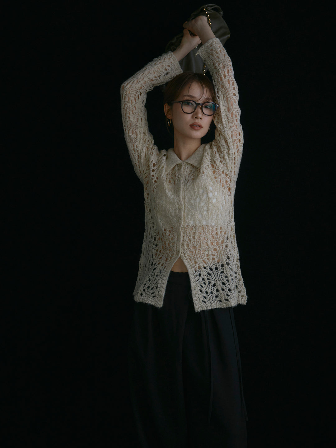 [予約]ローゲージ透かし編みポロニッカーディガン/アイボリー