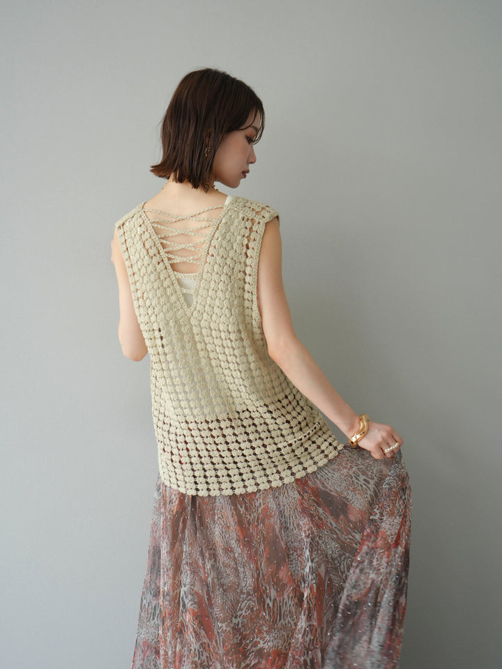 [予約]レースアップクロシェ編みニットベスト/ベージュ