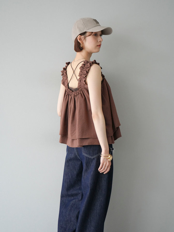 [SET] 縮肩喇叭背心 + 臀部設計牛仔褲 (2 件套)