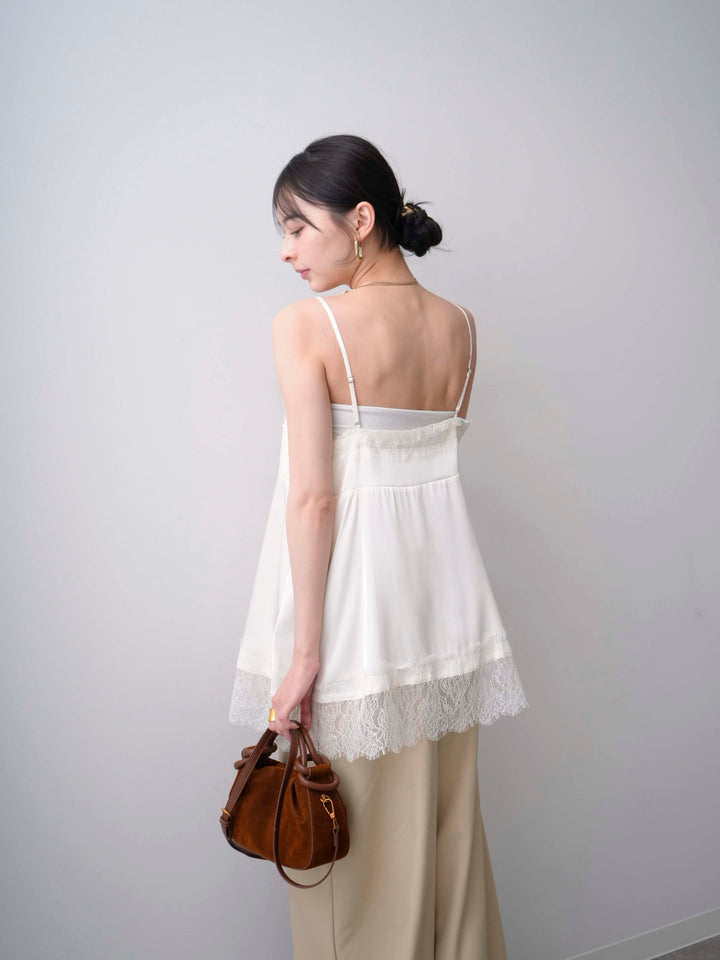 【套裝】蕾絲邊緞面吊帶背心+寶石裝飾繫帶寬褲（兩件套）